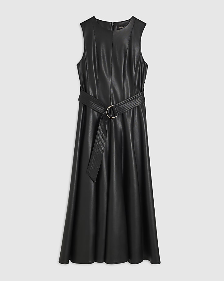 Black Sleeveless Belted Midi Dress