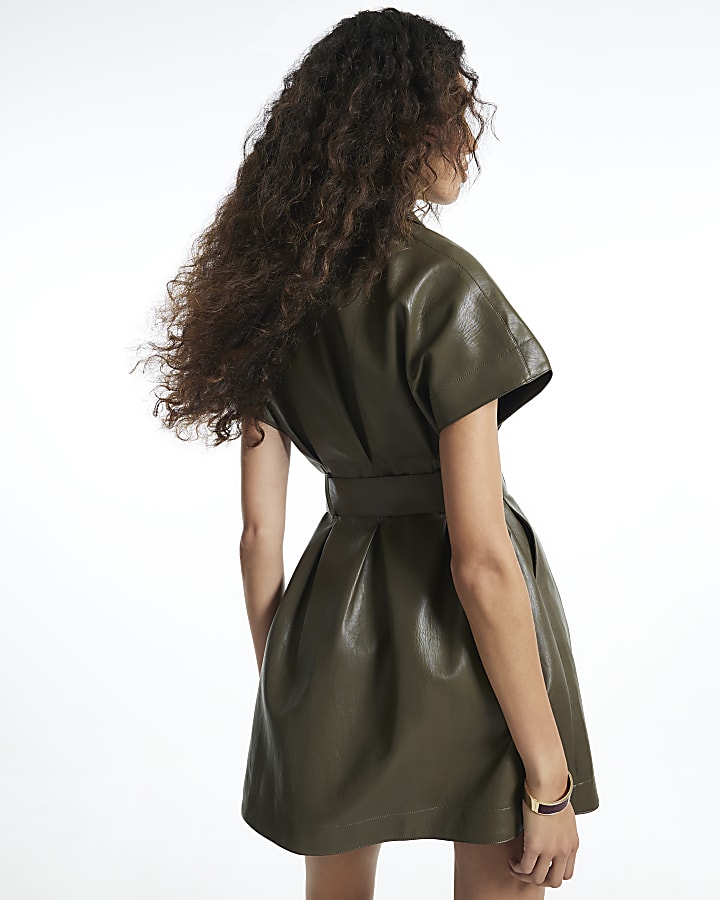 Khaki Faux Leather Utility Belted Mini Dress
