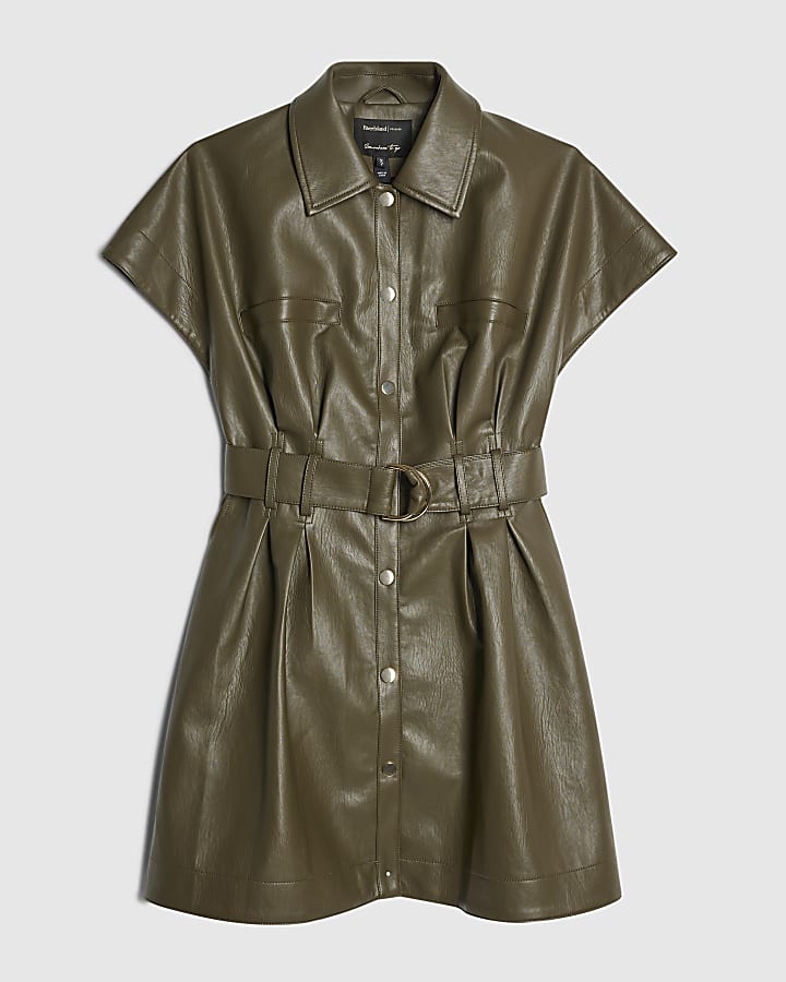 Khaki Faux Leather Utility Belted Mini Dress