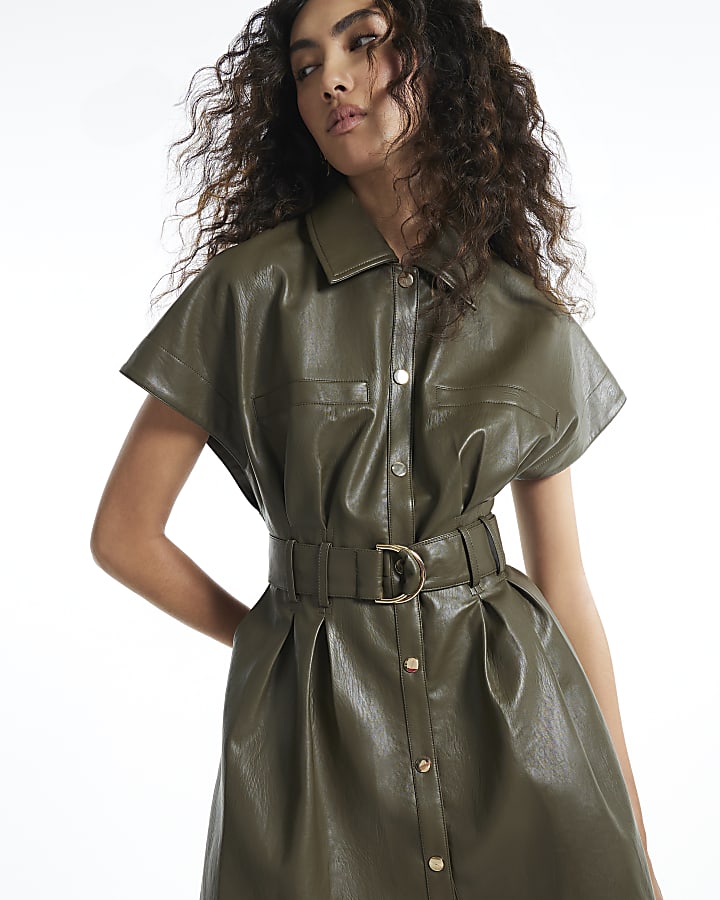 Khaki Faux Leather Utility Belted Mini Dress