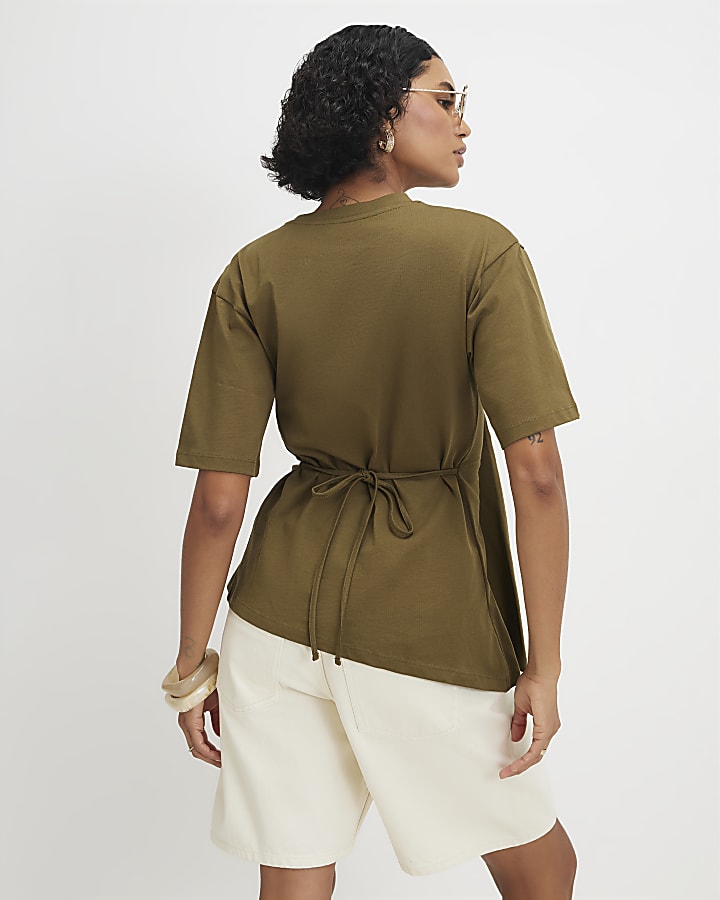 Khaki Cotton Short Sleeve Pleat Front T-shirt