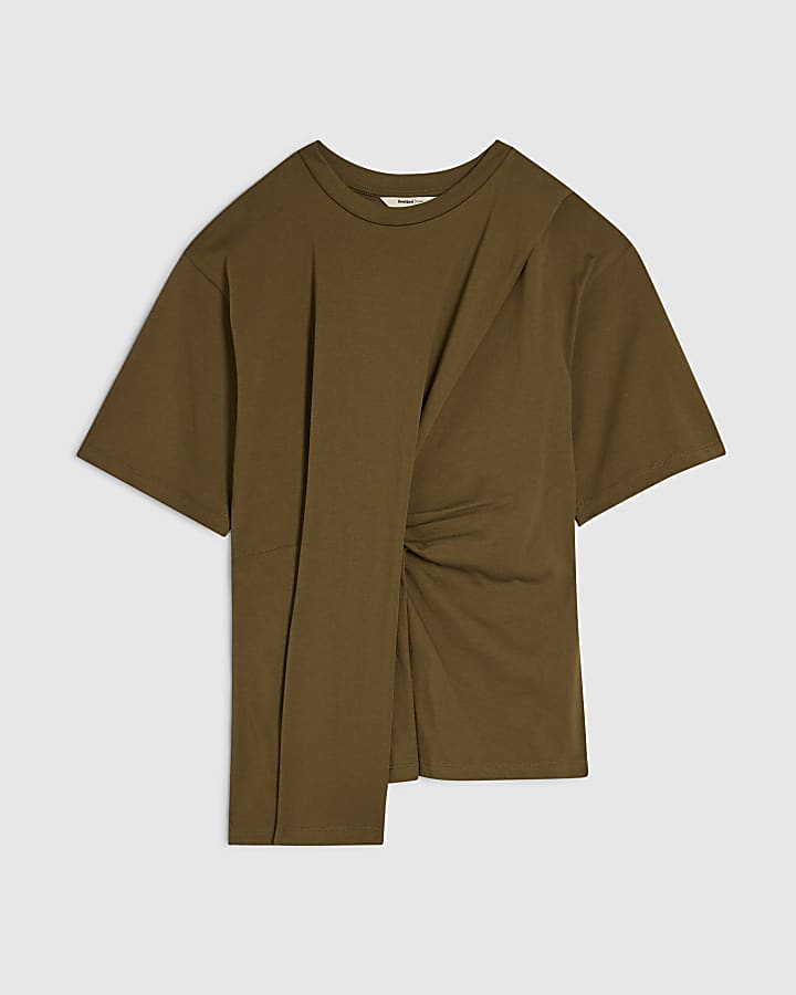 Khaki Cotton Short Sleeve Pleat Front T-shirt
