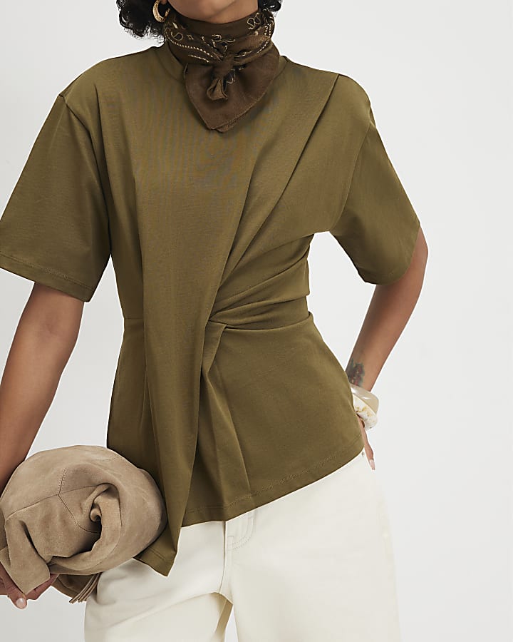 Khaki Cotton Short Sleeve Pleat Front T-shirt