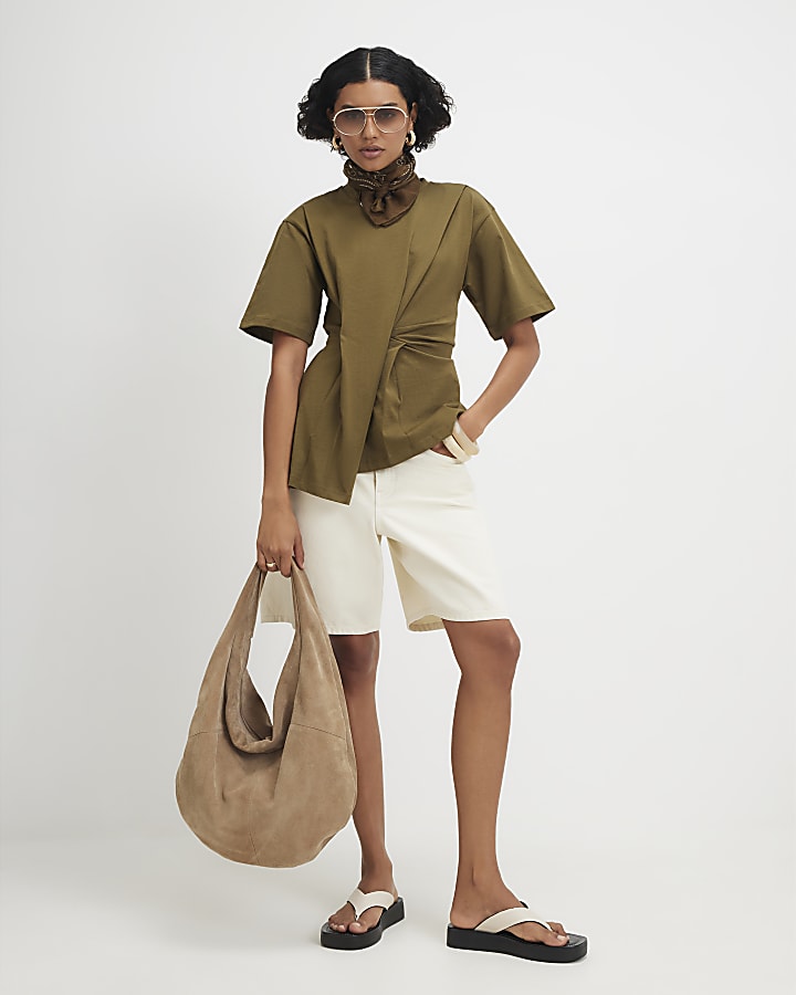 Khaki Cotton Short Sleeve Pleat Front T-shirt