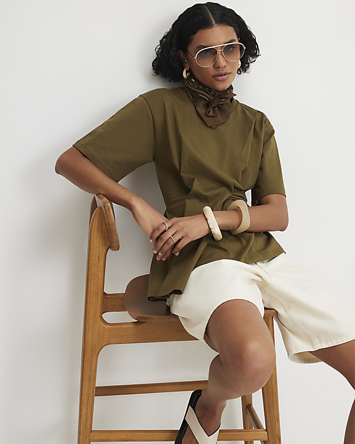 Khaki Cotton Short Sleeve Pleat Front T-shirt