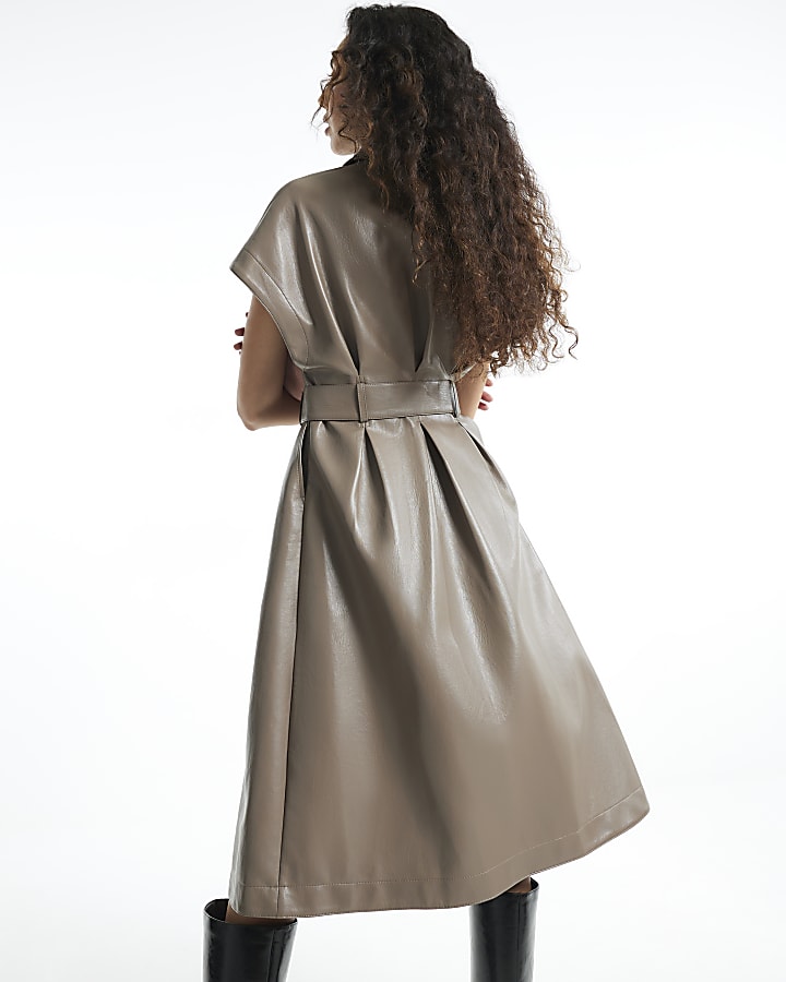 Beige Faux Leather Utility Belted Midi Dress