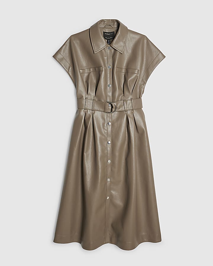Beige Faux Leather Utility Belted Midi Dress