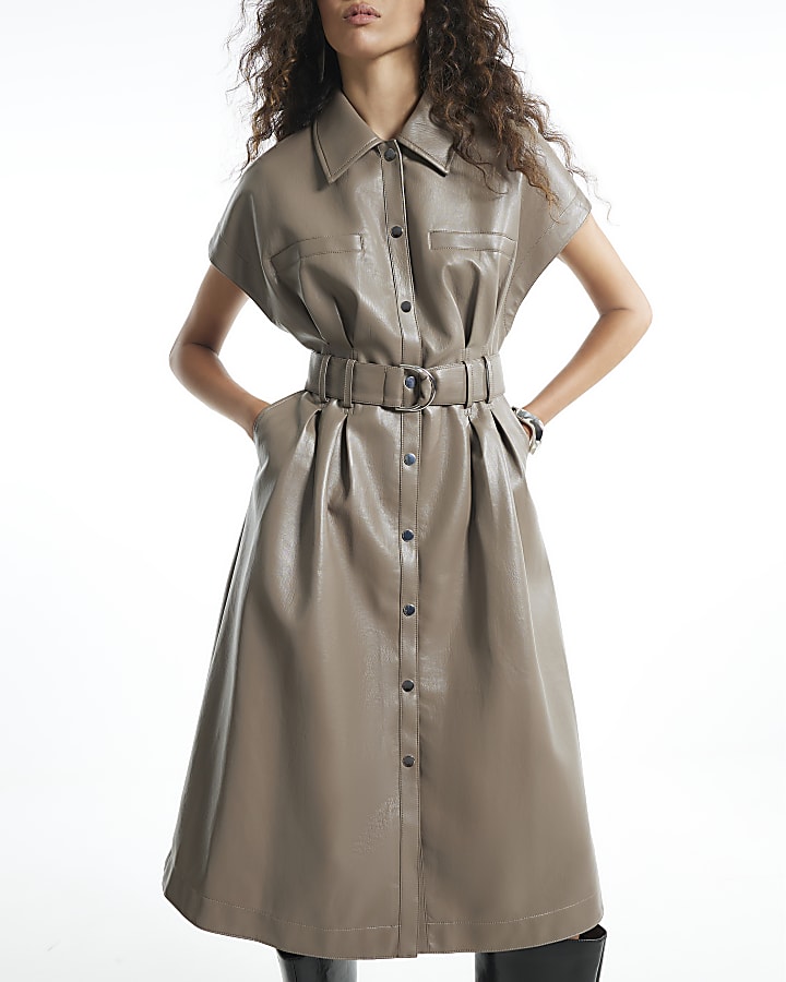 Beige Faux Leather Utility Belted Midi Dress