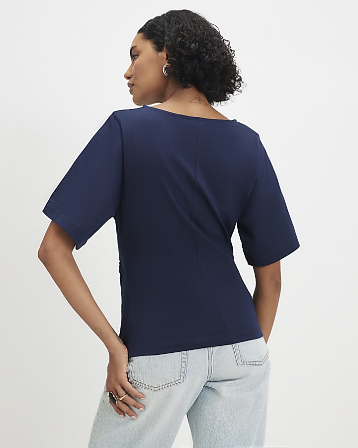 Navy Cotton Short Sleeve Metal Detail T-shirt