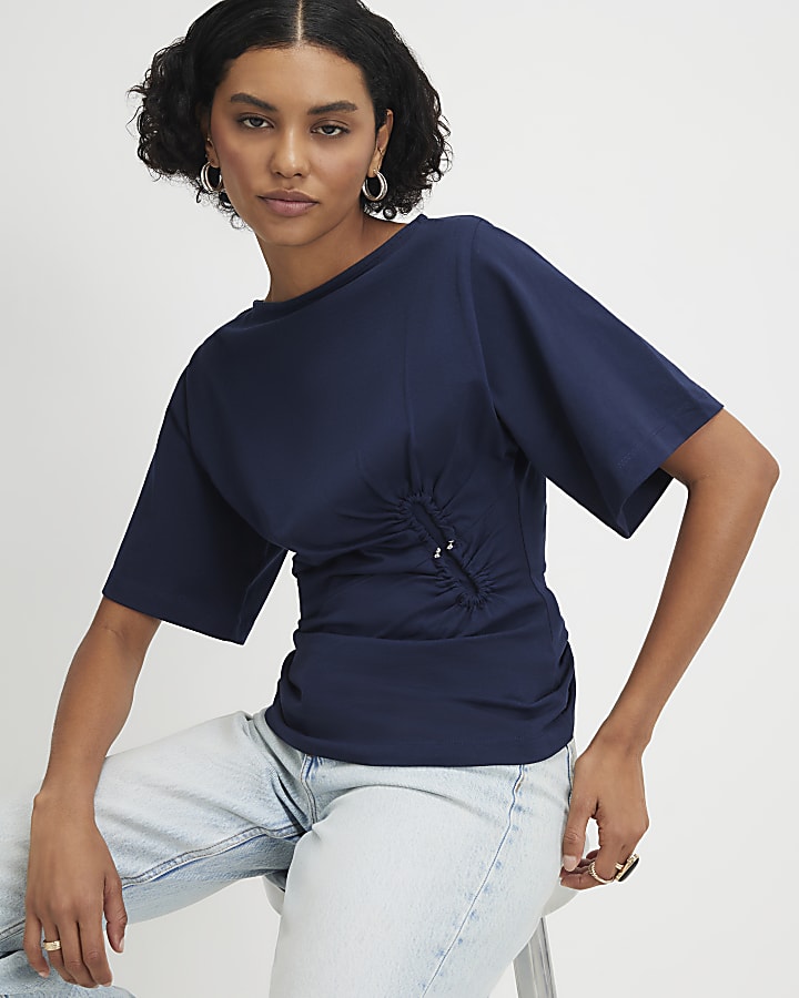 Navy Cotton Short Sleeve Metal Detail T-shirt