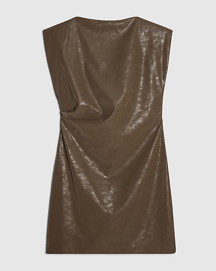 Brown Hammered Shoulder Pad Dress