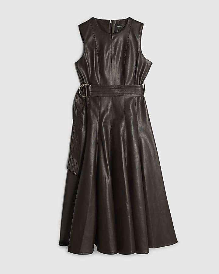 Petite Brown Faux Leather Belted Midi Dress