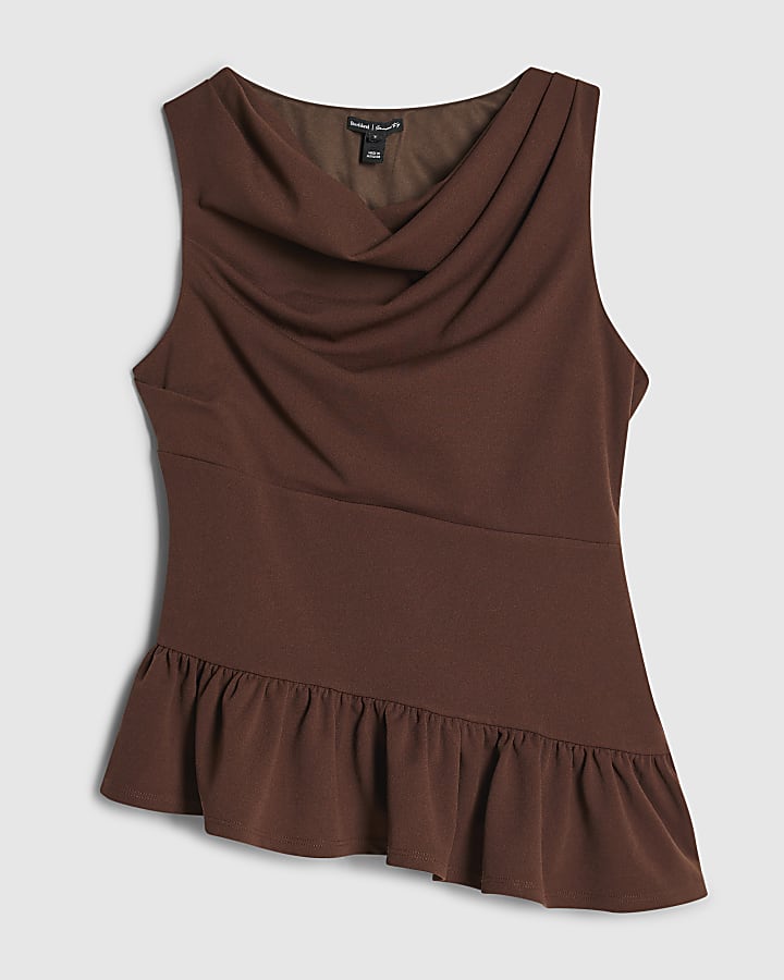 Brown Cowl Neck Peplum Top