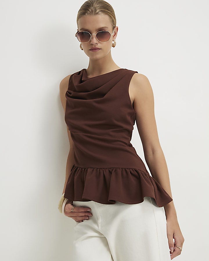 Brown Cowl Neck Peplum Top