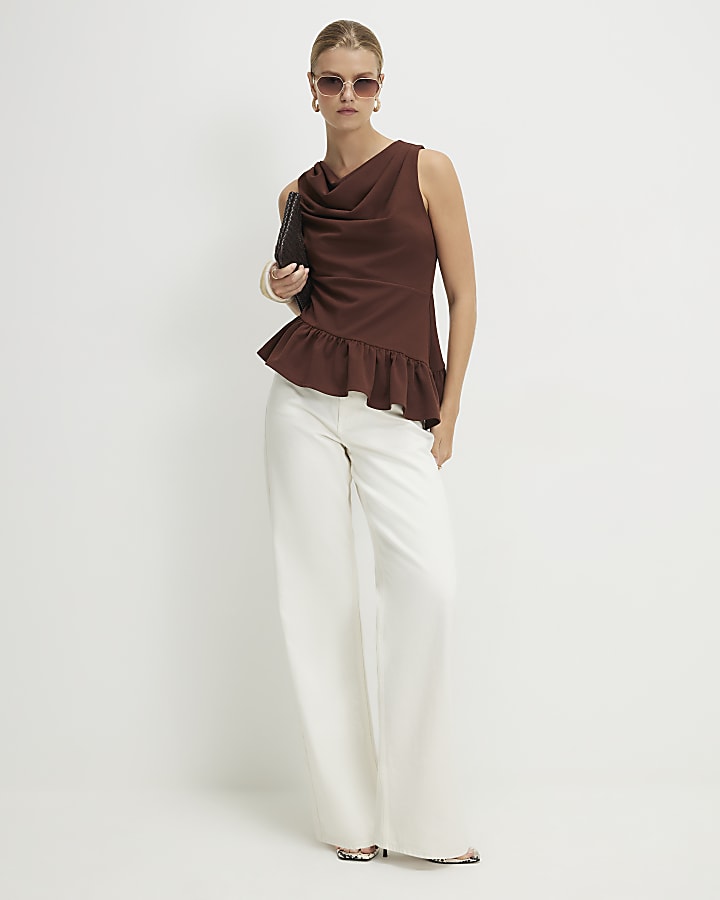 Brown Cowl Neck Peplum Top