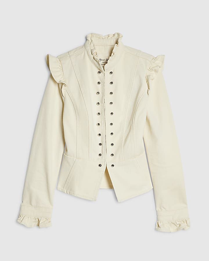 Cream Frill Button Detail Denim Jacket