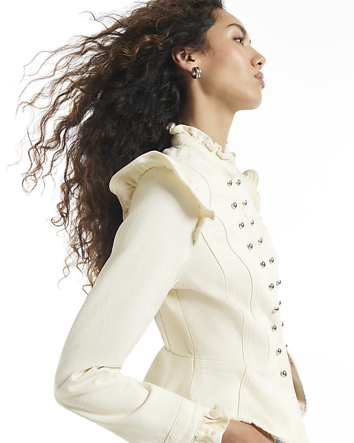 Cream Frill Button Detail Denim Jacket