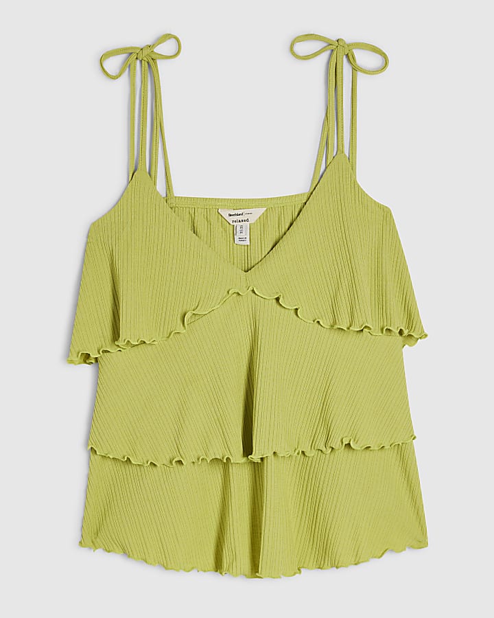 Green Rib Ruffle Cami Top