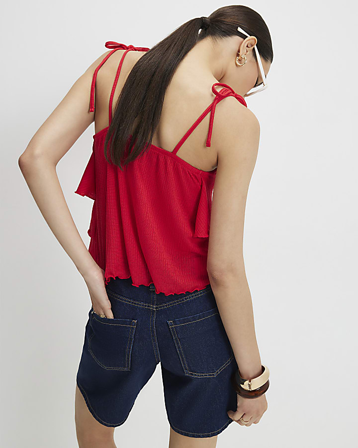 Red Cotton Rib Ruffle Cami Top