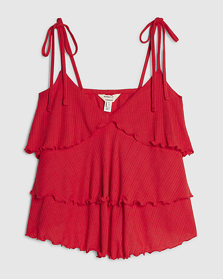 Red Cotton Rib Ruffle Cami Top