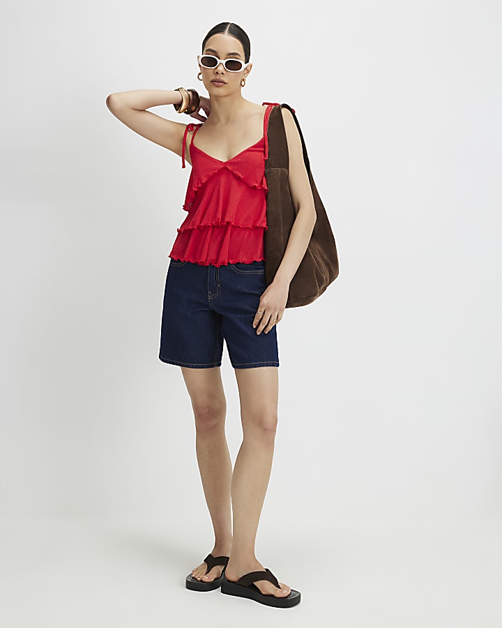 Red Cotton Rib Ruffle Cami Top