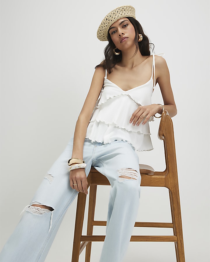 White Rib Ruffle Cami Top