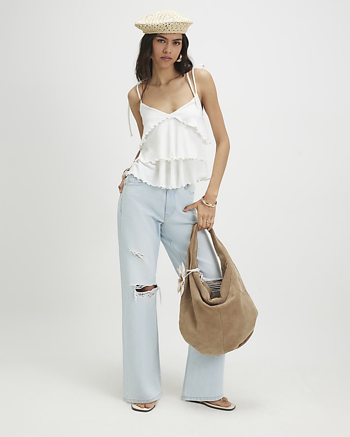 White Rib Ruffle Cami Top