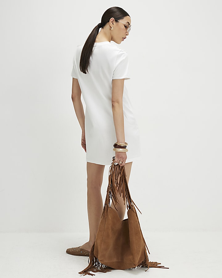White Cotton Embroidered Mini T-shirt Dress