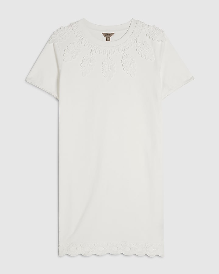 White Cotton Embroidered Mini T-shirt Dress