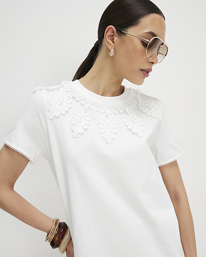 White Cotton Embroidered Mini T-shirt Dress