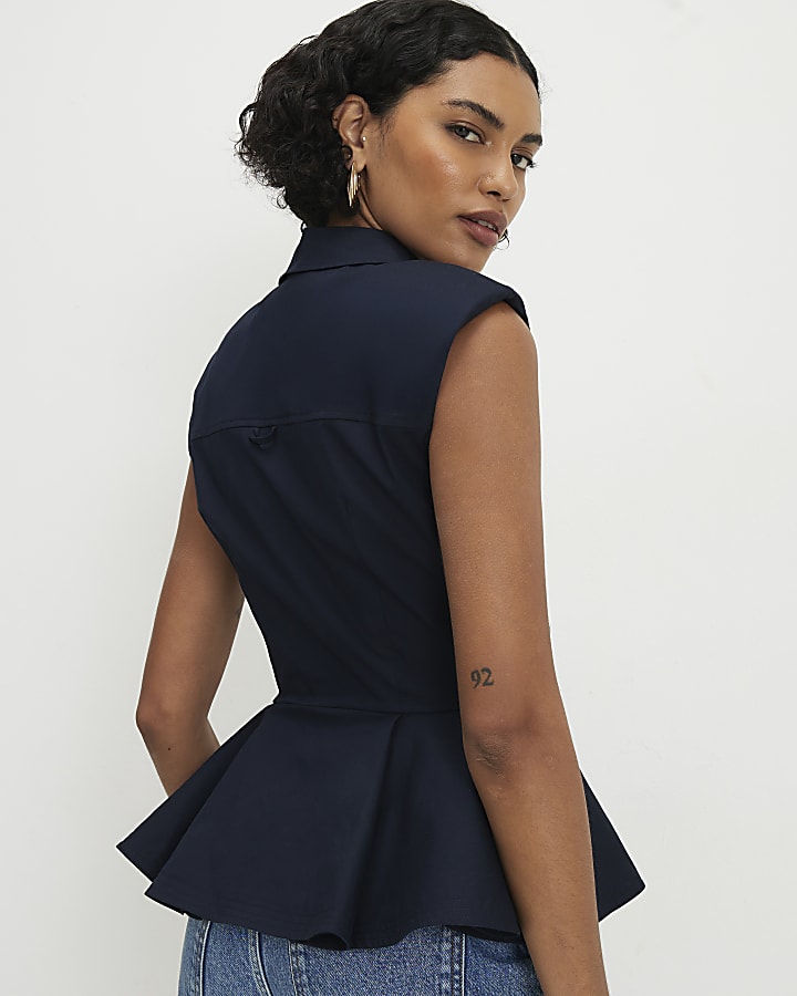 Navy Sleeveless Peplum Shirt