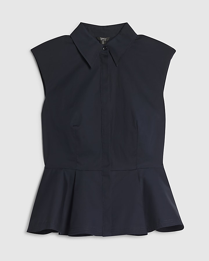 Navy Sleeveless Peplum Shirt