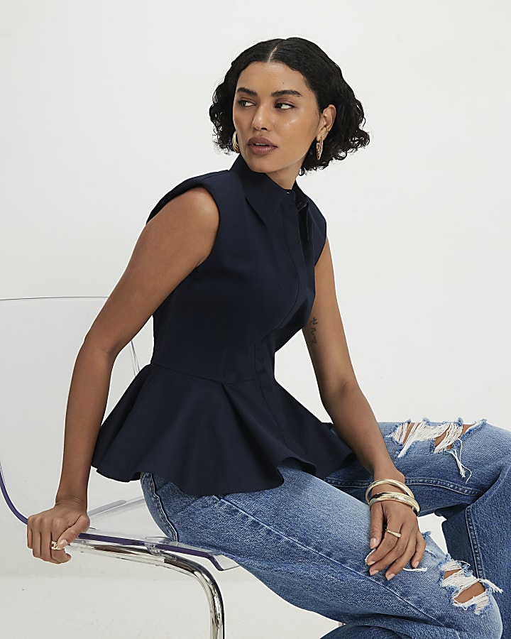 Navy Sleeveless Peplum Shirt