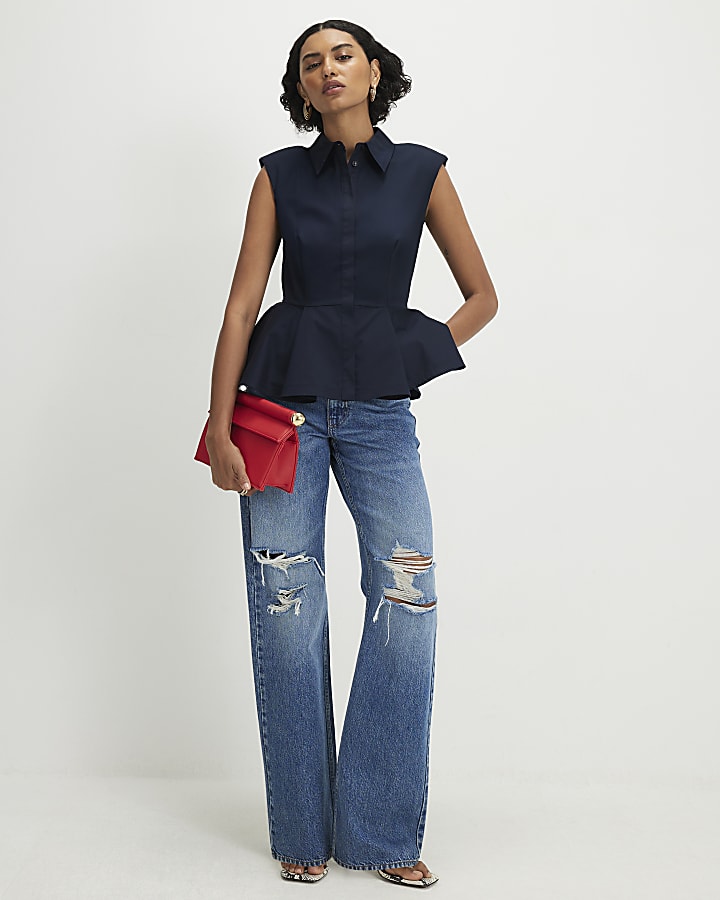 Navy Sleeveless Peplum Shirt