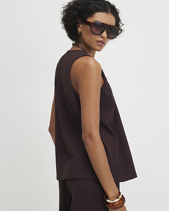 Brown Cotton Blend Textured V Neck Top