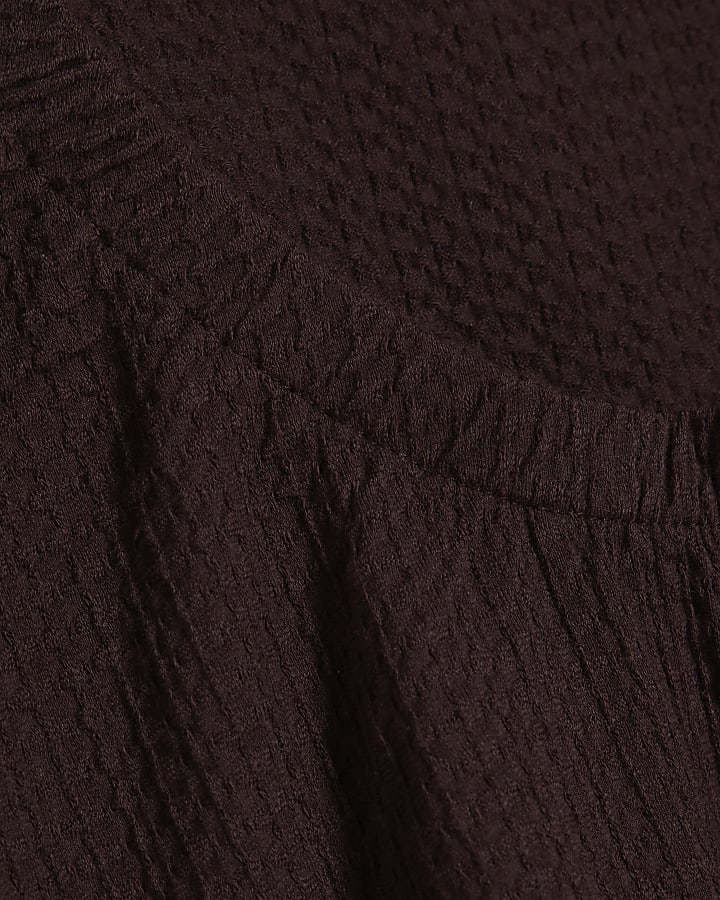 Brown Cotton Blend Textured V Neck Top