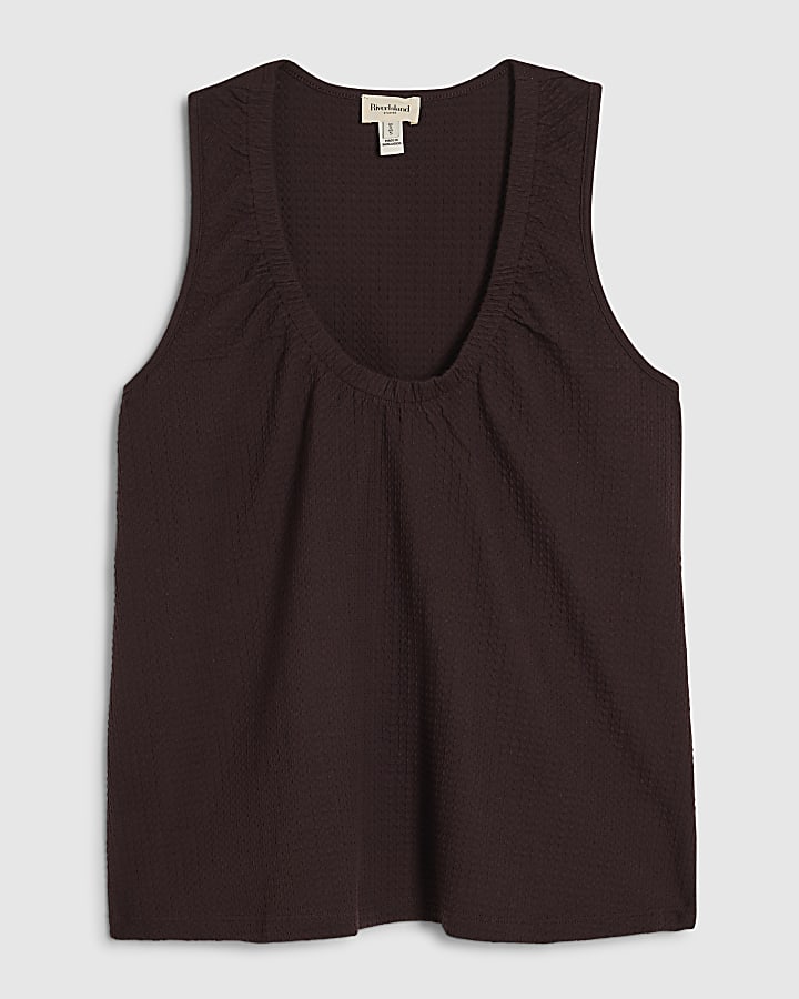 Brown Cotton Blend Textured V Neck Top