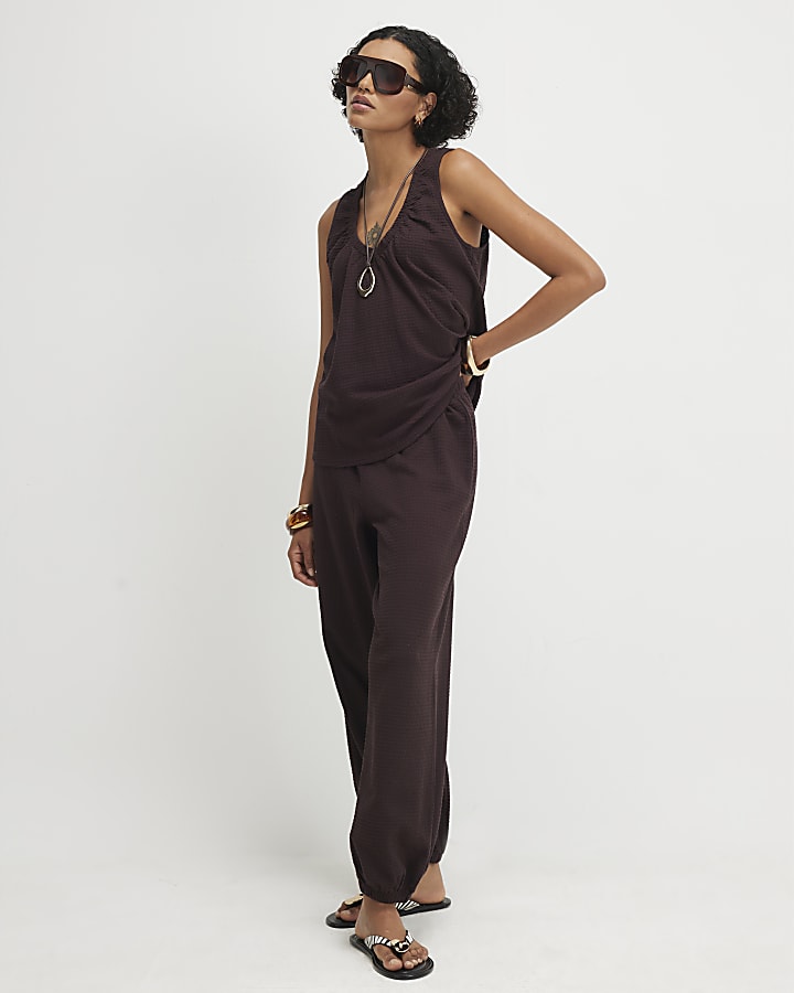 Brown Cotton Blend Textured V Neck Top