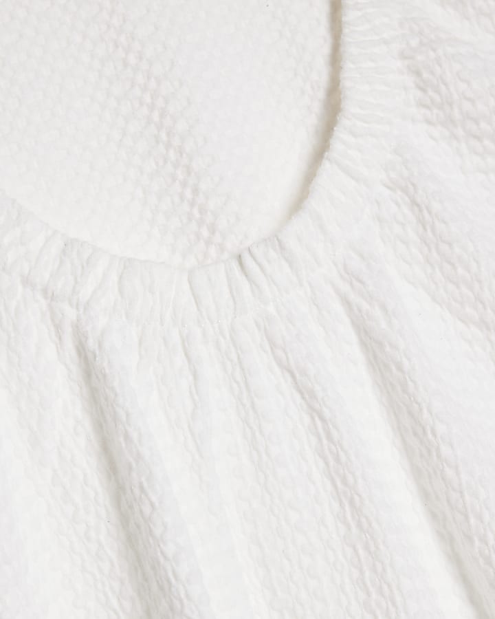 White Cotton Blend Textured V Neck Top