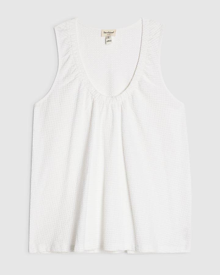 White Cotton Blend Textured V Neck Top