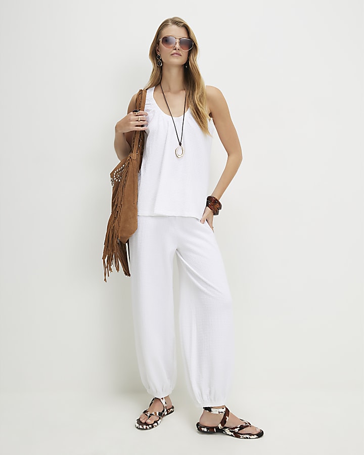 White Cotton Blend Textured V Neck Top