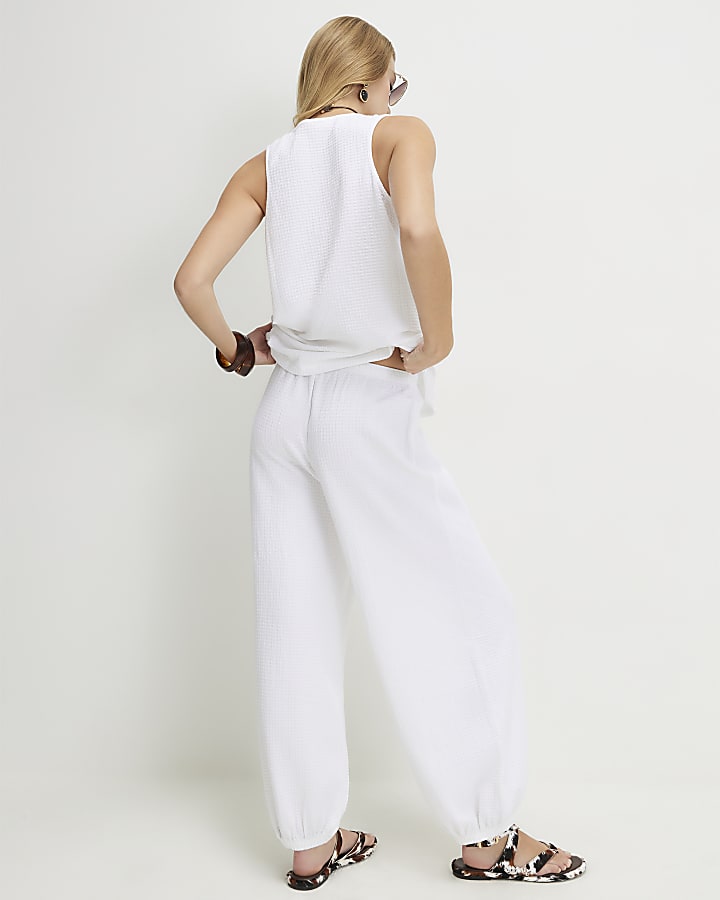 White Cotton Blend Textured Cuffed Joggers