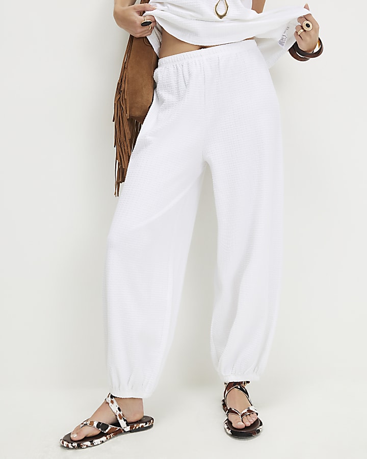 White Cotton Blend Textured Cuffed Joggers