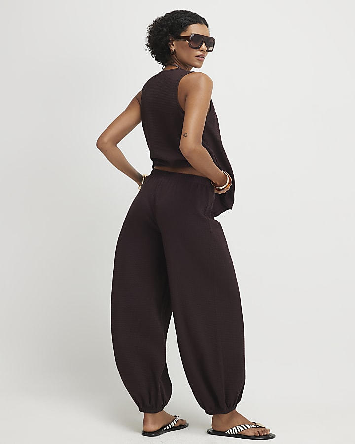 Brown Cotton Blend Textured Cuffed Joggers