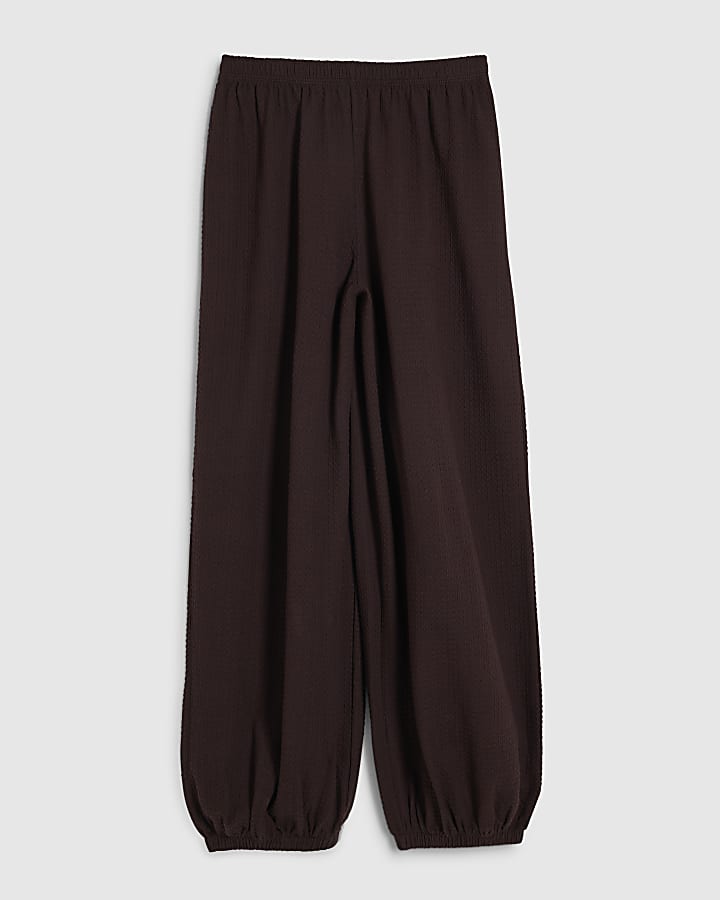 Brown Cotton Blend Textured Cuffed Joggers