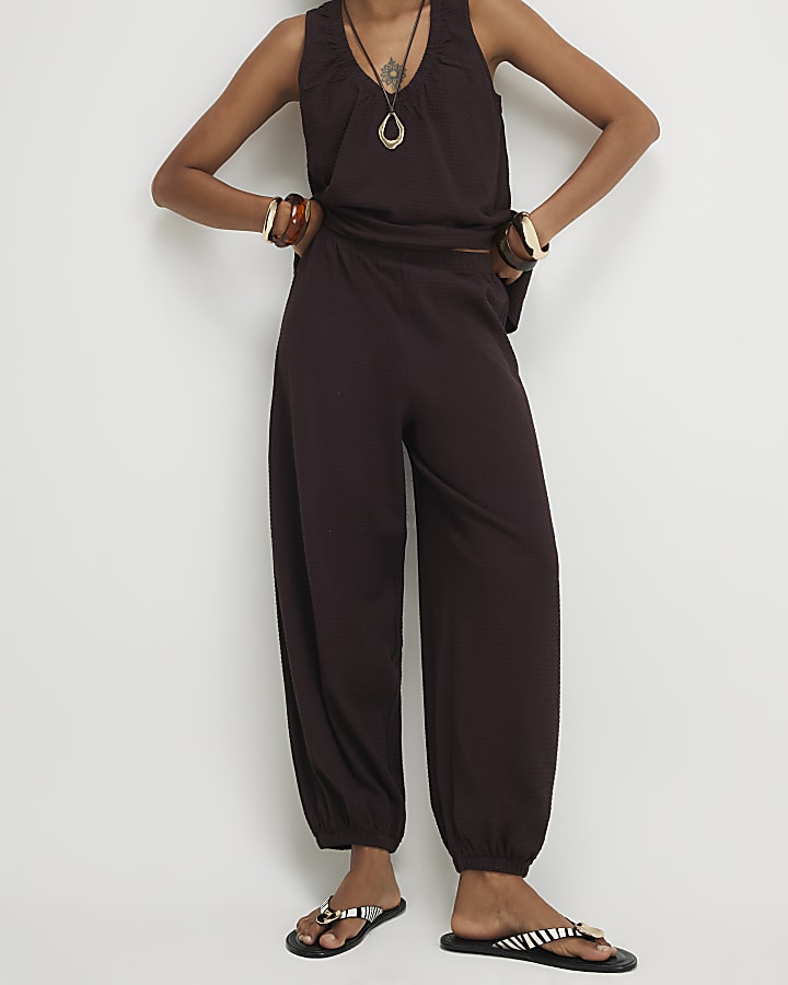 Brown Cotton Blend Textured Cuffed Joggers