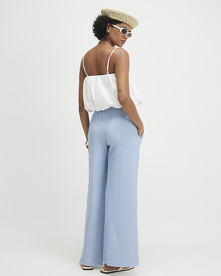 Blue Stripe Textured Wide Leg Trousers