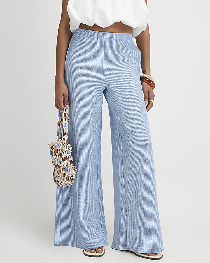 Blue Stripe Textured Wide Leg Trousers