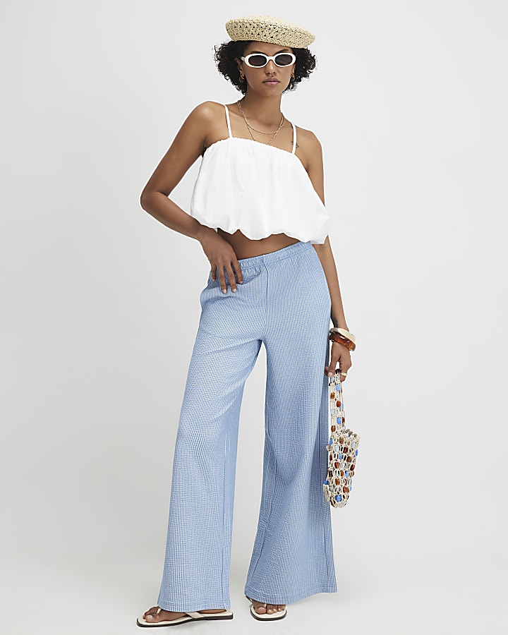 Blue Stripe Textured Wide Leg Trousers