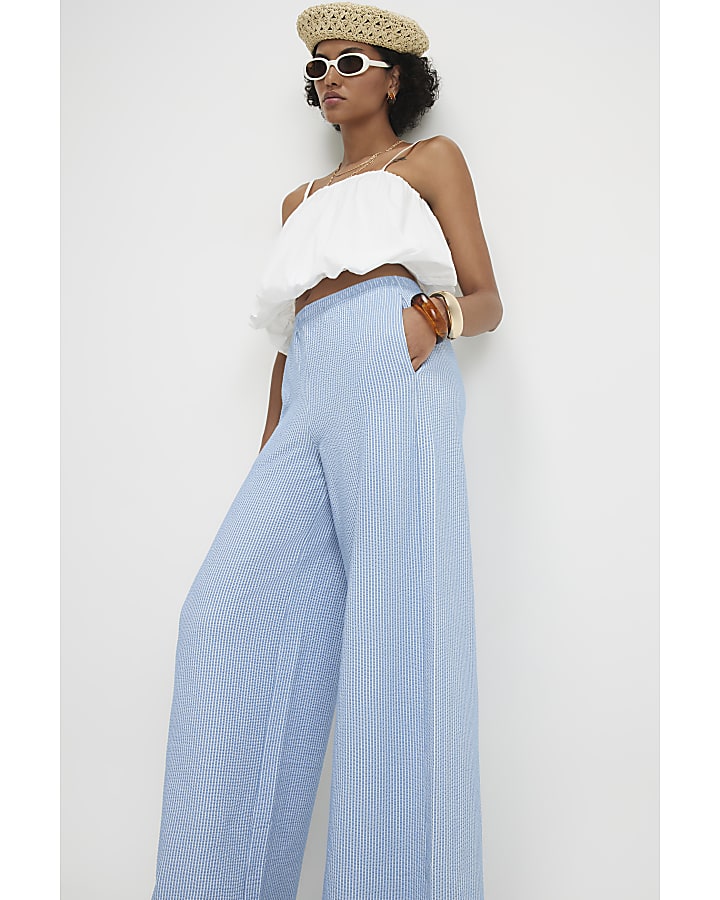 Blue Stripe Textured Wide Leg Trousers
